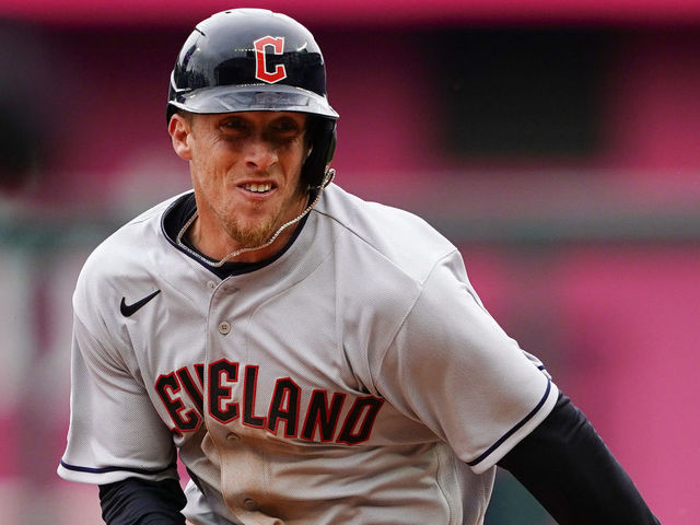 KANSAS CITY, MO - APRIL 07: Myles Straw #7 of the Cleveland Guardians rounds third and scores the first run against the Kansas City Royals in the third inning during Opening Day at Kauffman Stadium on April 7, 2022 in Kansas City, Missouri.