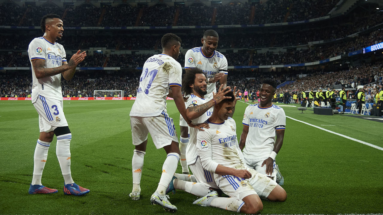 Casemiro of Real Madrid celebrates after scoring her sides first goal during the La Liga Santander match between Real Madrid CF and Getafe CF at Estadio Santiago Bernabeu on April 09, 2022 in Madrid, Spain.
