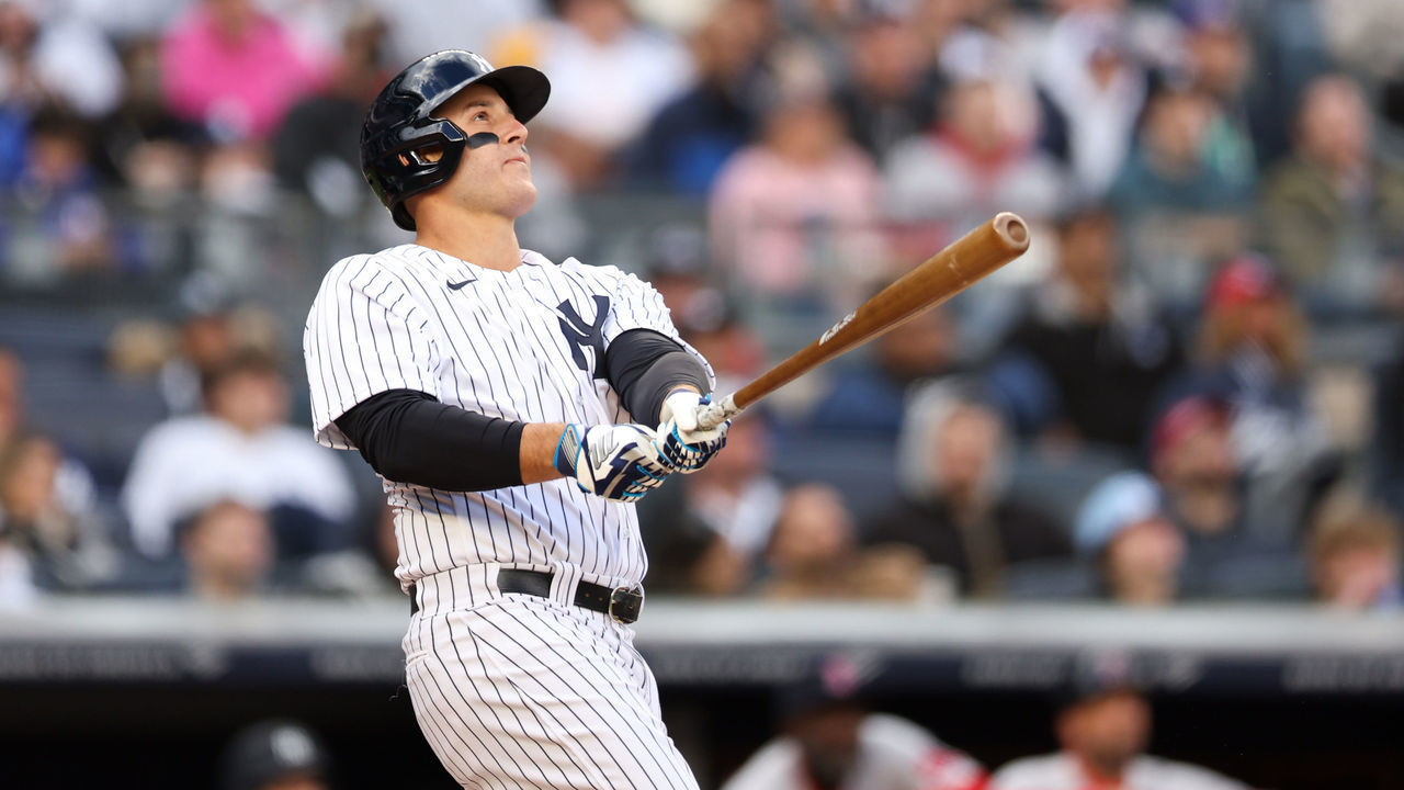 NEW YORK, NEW YORK - APRIL 09: Anthony Rizzo #48 of the New York Yankees hits a two-run home run during the bottom of the fourth inning of the game against the Boston Red Sox at Yankee Stadium on April 09, 2022 in New York City.