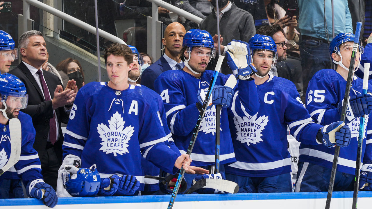 TORONTO, ON - APRIL 9: Auston Matthews #34 of the Toronto Maple Leafs waves to the crowd after being honour for setting a new Toronto Maple Leafs record for most goals in a season during the first period against the Montreal Canadiens at the Scotiabank Arena on April 9, 2022 in Toronto, Ontario, Canada.