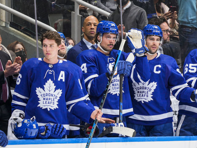 TORONTO, ON - APRIL 9: Auston Matthews #34 of the Toronto Maple Leafs waves to the crowd after being honour for setting a new Toronto Maple Leafs record for most goals in a season during the first period against the Montreal Canadiens at the Scotiabank Arena on April 9, 2022 in Toronto, Ontario, Canada.