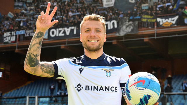 GENOA, ITALY - APRIL 10: Ciro Immobile of SS Lazio celebrates the three goals after the Serie A match between Genoa CFC v SS Lazio on April 10, 2022 in Genoa, Italy.