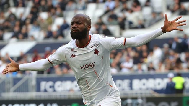Metz' Cameroonian forward Didier Lamkel Ze celebrates scoring his team's first goal during the French L1 football match between Girondins de Bordeaux and FC Metz at the Matmut stadium in Bordeaux, south-western France on April 10, 2022.