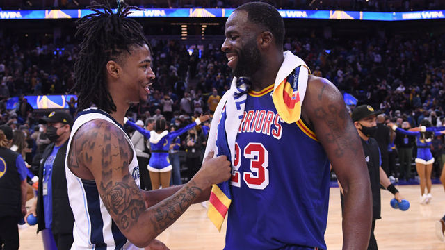 SAN FRANCISCO, CA - DECEMBER 23: Ja Morant #12 of the Memphis Grizzlies speaks with Draymond Green #23 of the Golden State Warriors after the game on December 23, 2021 at Chase Center in San Francisco, California. NOTE TO USER: User expressly acknowledges and agrees that, by downloading and or using this photograph, user is consenting to the terms and conditions of Getty Images License Agreement. Mandatory Copyright Notice: Copyright 2021 NBAE