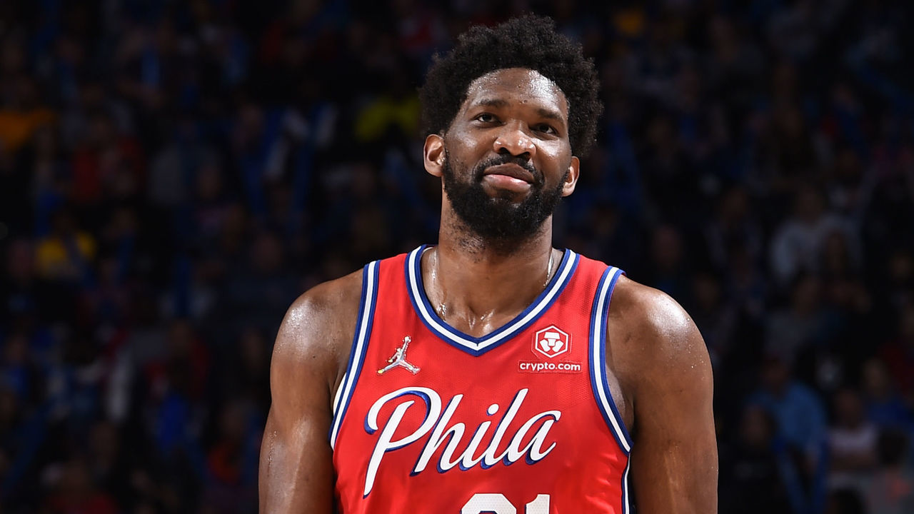PHILADELPHIA, PA - APRIL 9: Joel Embiid #21 of the Philadelphia 76ers smiles during the game against the Indiana Pacers on April 9, 2022 at the Wells Fargo Center in Philadelphia, Pennsylvania NOTE TO USER: User expressly acknowledges and agrees that, by downloading and/or using this Photograph, user is consenting to the terms and conditions of the Getty Images License Agreement. Mandatory Copyright Notice: Copyright 2022 NBAE