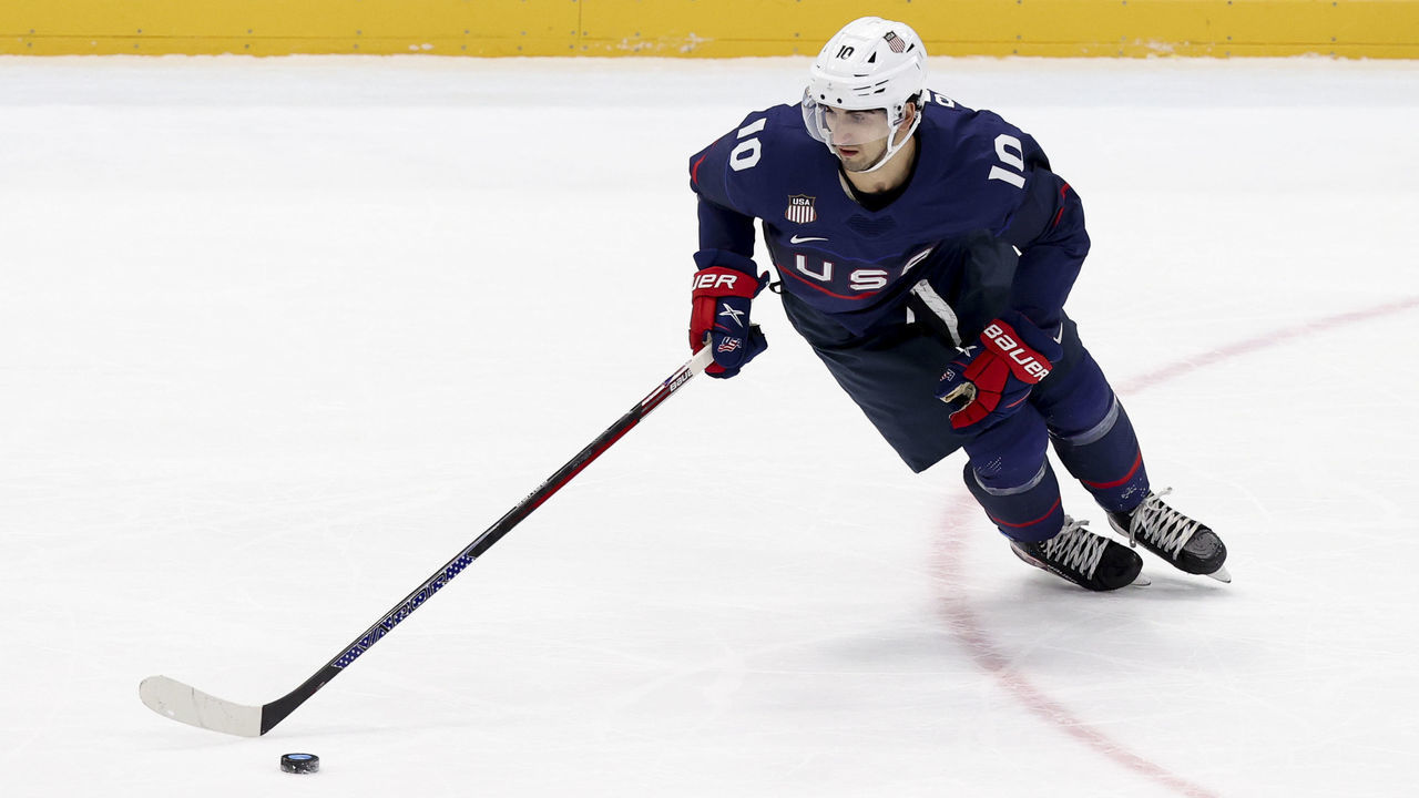 BEIJING, CHINA - FEBRUARY 16: Matty Beniers of USA during the Men"u2019s Ice Hockey Quarterfinal match between Team United States (USA) and Team Slovakia on Day 12 of the Beijing 2022 Winter Olympic Games at National Indoor Stadium on February 16, 2022 in Beijing, China.