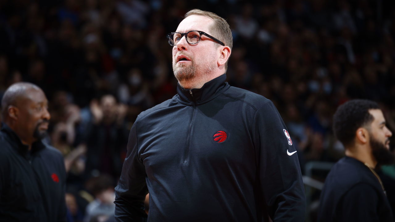 TORONTO, CANADA - APRIL 7: Head Coach Nick Nurse of the Toronto Raptors looks on during the game against the Philadelphia 76ers on April 7, 2022 at the Scotiabank Arena in Toronto, Ontario, Canada. Mandatory Copyright Notice: Copyright 2022 NBAE