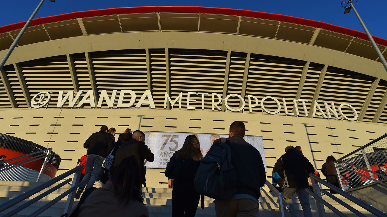 MADRID, SPAIN - APRIL 03: Atletico Madrid fans gather outside Estadio Wanda Metropolitano ahead of the LaLiga Santander match between Club Atletico de Madrid and Deportivo Alaves at Estadio Wanda Metropolitano on April 03, 2022 in Madrid, Spain.