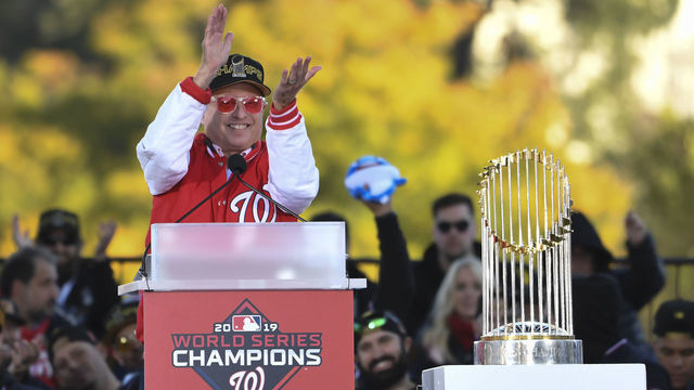 WASHINGTON, DC - NOVEMBER 2: Washington Nationals owner Mark Lerner does the "baby shark" during the rally to honor the 2019 World Series Champion Washington Nationals on Saturday, November 2, 2019.