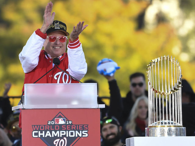 WASHINGTON, DC - NOVEMBER 2: Washington Nationals owner Mark Lerner does the "baby shark" during the rally to honor the 2019 World Series Champion Washington Nationals on Saturday, November 2, 2019.