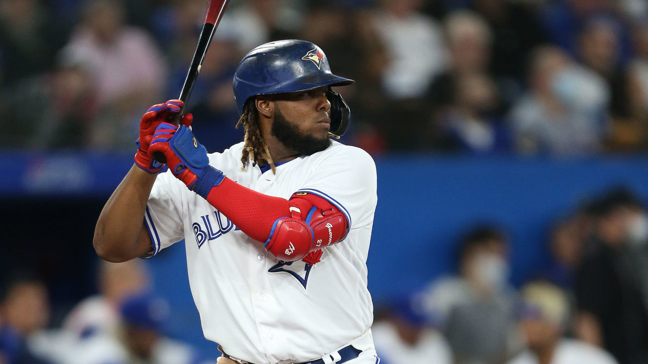 TORONTO, ON - APRIL 08: Toronto Blue Jays first baseman Vladimir Guerrero Jr. (27) at bat during the first inning of an MLB baseball game against the Texas Rangers on April 8, 2022, at Rogers Centre in Toronto, Ontario, Canada.