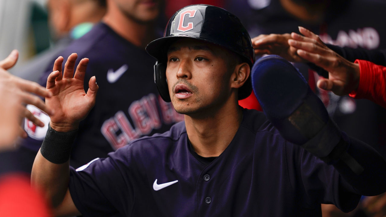 KANSAS CITY, MISSOURI - APRIL 11: Steven Kwan #38 of the Cleveland Guardians celebrates scoring the second run of the game against the Kansas City Royals during the first inning at Kauffman Stadium on April 11, 2022 in Kansas City, Missouri.