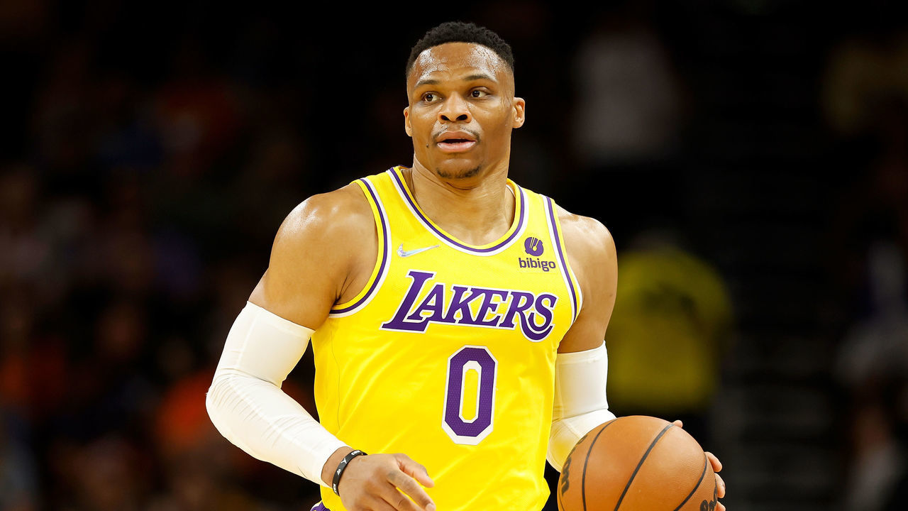 PHOENIX, ARIZONA - APRIL 05: Russell Westbrook #0 of the Los Angeles Lakers handles the ball during the first half of the NBA game at Footprint Center on April 05, 2022 in Phoenix, Arizona. NOTE TO USER: User expressly acknowledges and agrees that, by downloading and or using this photograph, User is consenting to the terms and conditions of the Getty Images License Agreement.