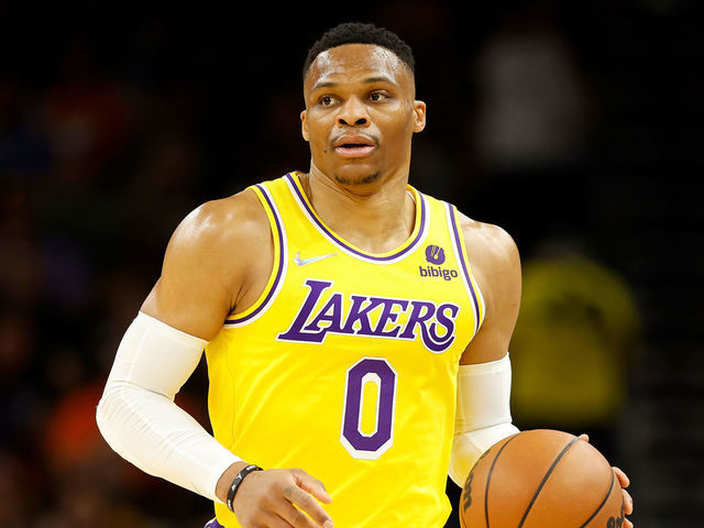 PHOENIX, ARIZONA - APRIL 05: Russell Westbrook #0 of the Los Angeles Lakers handles the ball during the first half of the NBA game at Footprint Center on April 05, 2022 in Phoenix, Arizona. NOTE TO USER: User expressly acknowledges and agrees that, by downloading and or using this photograph, User is consenting to the terms and conditions of the Getty Images License Agreement.