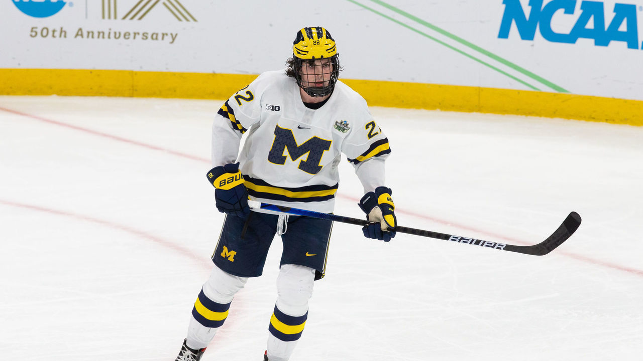 BOSTON, MA - APRIL 7: Owen Power #22 of the Michigan Wolverines warms up before a game against the Denver Pioneers during game one of the 2022 NCAA Division I Men's Hockey Frozen Four Championship semifinal at TD Garden on April 7, 2022 in Boston, Massachusetts. The Pioneers won 3-2 in overtime to advance to the national championship game.