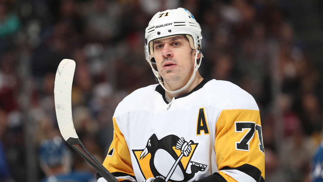 DENVER, COLORADO - APRIL 02: Evgeni Malkin #71 of the Pittsburgh Penguins looks on against the Colorado Avalanche at Ball Arena on April 2, 2022 in Denver, Colorado.