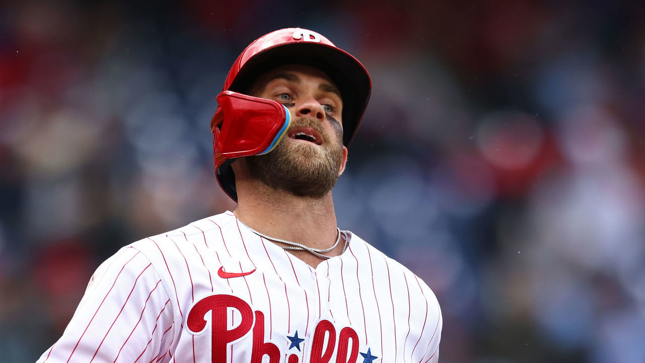 PHILADELPHIA, PA - APRIL 10: Bryce Harper #3 of the Philadelphia Phillies in action against the Oakland Athletics during a game at Citizens Bank Park on April 10, 2022 in Philadelphia, Pennsylvania.