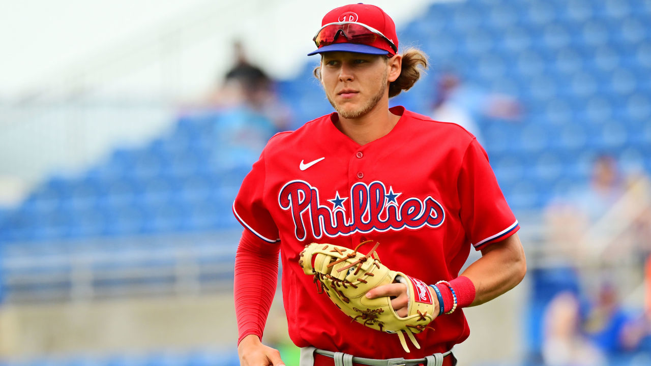 DUNEDIN, FLORIDA - APRIL 02: Alec Bohm #28 of the Philadelphia Phillies runs back to the dugout after the first inning against the Toronto Blue Jays during a Grapefruit League spring training game at TD Ballpark on April 02, 2022 in Dunedin, Florida.
