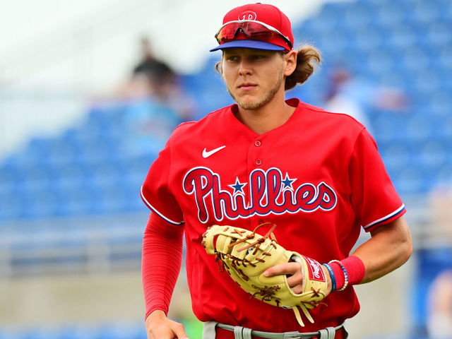 DUNEDIN, FLORIDA - APRIL 02: Alec Bohm #28 of the Philadelphia Phillies runs back to the dugout after the first inning against the Toronto Blue Jays during a Grapefruit League spring training game at TD Ballpark on April 02, 2022 in Dunedin, Florida.