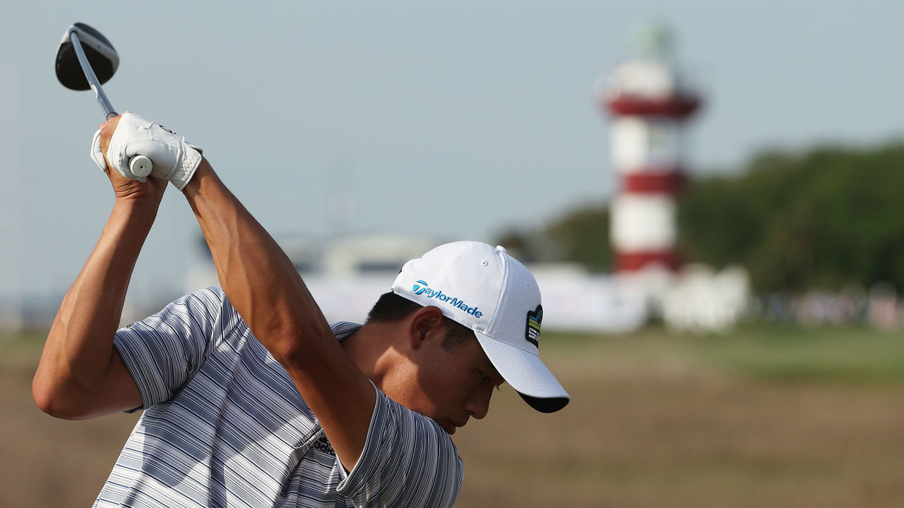 HILTON HEAD ISLAND, SOUTH CAROLINA - APRIL 17: Collin Morikawa of the United States plays his shot from the 18th tee during the third round of the RBC Heritage on April 17, 2021 at Harbour Town Golf Links in Hilton Head Island, South Carolina.
