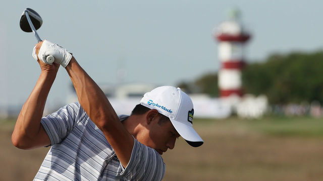 HILTON HEAD ISLAND, SOUTH CAROLINA - APRIL 17: Collin Morikawa of the United States plays his shot from the 18th tee during the third round of the RBC Heritage on April 17, 2021 at Harbour Town Golf Links in Hilton Head Island, South Carolina.