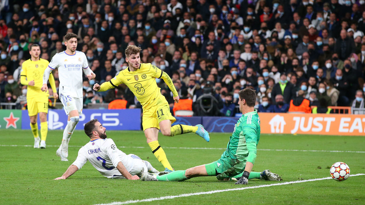 MADRID, SPAIN - APRIL 12: Timo Werner of Chelsea FC scores their third goal during the UEFA Champions League Quarter Final Leg Two match between Real Madrid and Chelsea FC at Estadio Santiago Bernabeu on April 12, 2022 in Madrid, Spain.