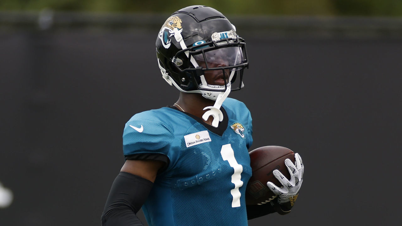 JACKSONVILLE, FL - AUGUST 03: Jacksonville Jaguars Running Back Travis Etienne Jr. (1) during training camp on August 3, 2021 at DreamFinders Homes Practice Complex in Jacksonville, Fl.