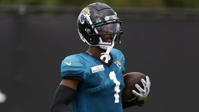 JACKSONVILLE, FL - AUGUST 03: Jacksonville Jaguars Running Back Travis Etienne Jr. (1) during training camp on August 3, 2021 at DreamFinders Homes Practice Complex in Jacksonville, Fl.