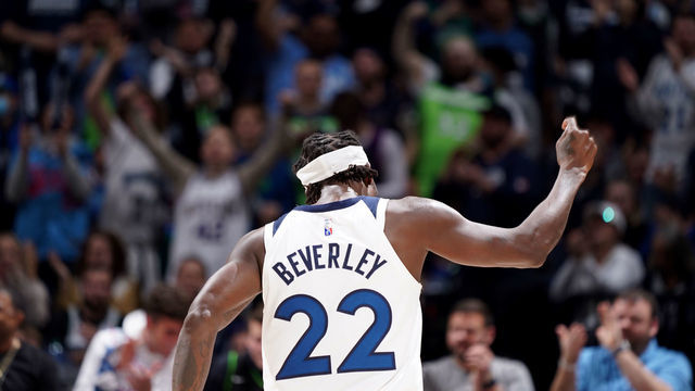 MINNEAPOLIS, MN - APRIL 12: Patrick Beverley #22 of the Minnesota Timberwolves celebrates against the LA Clippers during the 2022 Play-In Tournament on April 12, 2022 at Target Center in Minneapolis, Minnesota. Mandatory Copyright Notice: Copyright 2022 NBAE