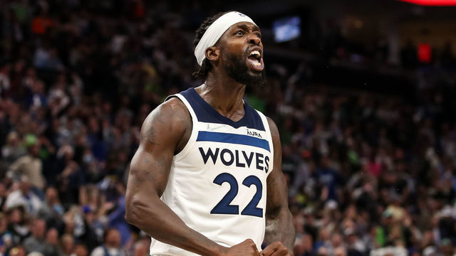MINNEAPOLIS, MN - APRIL 12: Patrick Beverley #22 of the Minnesota Timberwolves celebrates after a foul call against the Los Angeles Clippers in the fourth quarter during a Play-In Tournament game at Target Center on April 12, 2022 in Minneapolis, Minnesota. The Timberwolves won 109-104 to advance to the NBA Playoffs.