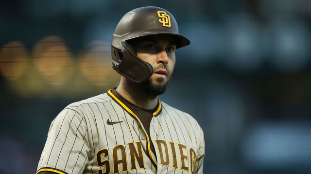 SAN FRANCISCO, CALIFORNIA - SEPTEMBER 14: Eric Hosmer #30 of the San Diego Padres looks on during the game against the San Francisco Giants at Oracle Park on September 14, 2021 in San Francisco, California.