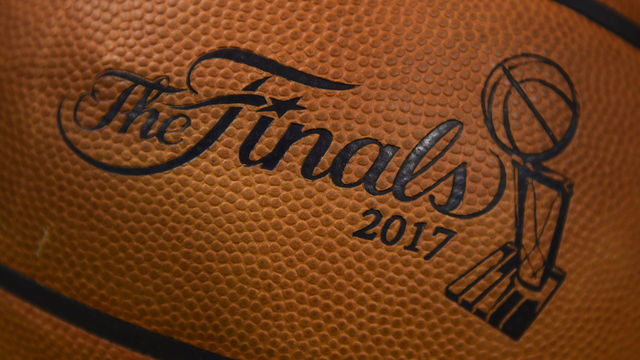 A basketball with The Finals 2017 logo waits to be used during practice before Game 2 of the NBA Finals at Oracle Arena in Oakland, Calif., on Sunday, June 4, 2017. (Jose Carlos Fajardo/Bay Area News Group)