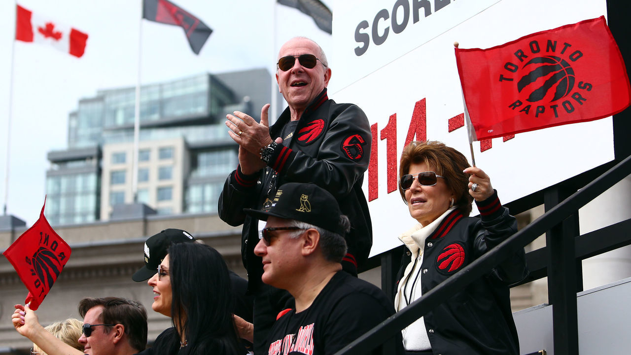 TORONTO, ON - JUNE 17: Larry Tanenbaum, Chairman of MLSE, owners of the Toronto Raptors waves to the crowd during the Toronto Raptors Victory Parade on June 17, 2019 in Toronto, Canada. The Toronto Raptors beat the Golden State Warriors 4-2 to win the 2019 NBA Finals.