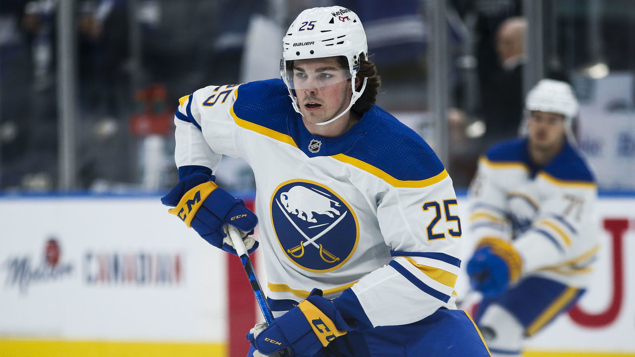 TORONTO, ON - APRIL 12 - (#25) Owen Power from the Buffalo Sabres warms up while he makes his NHL debut against the Toronto Maples Leafs at Scotiabank Arena in Toronto. April, 12, 2022 (Paige Taylor White/Toronto Star via Getty Images)