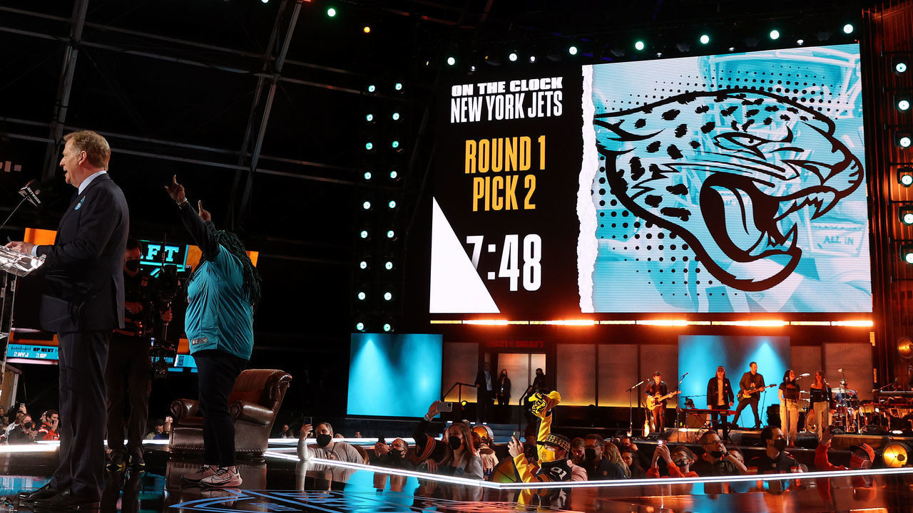CLEVELAND, OHIO - APRIL 29: NFL Commissioner Roger Goodell announces the Jacksonville Jaguars selection of Trevor Lawrence with the first pick of the 2021 NFL Draft at the Great Lakes Science Center on April 29, 2021 in Cleveland, Ohio.