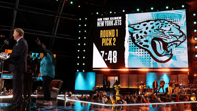 CLEVELAND, OHIO - APRIL 29: NFL Commissioner Roger Goodell announces the Jacksonville Jaguars selection of Trevor Lawrence with the first pick of the 2021 NFL Draft at the Great Lakes Science Center on April 29, 2021 in Cleveland, Ohio.