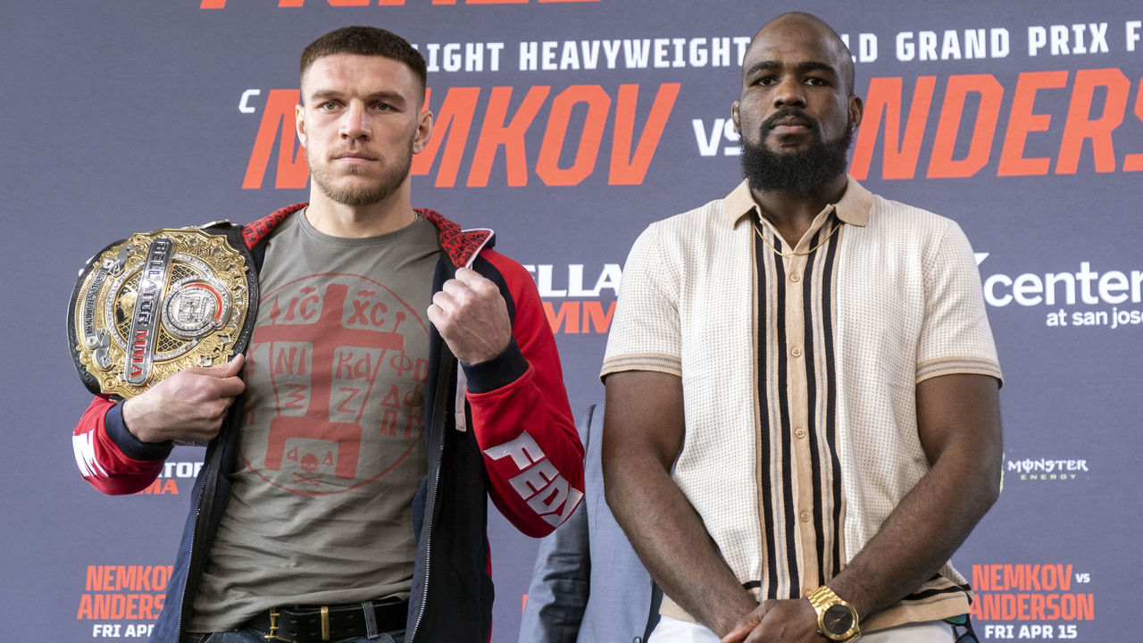 Los Angeles, CA - April 11: Bellator Light Heavyweight Champion Vadim Nemkov and opponent Corey Anderson during a press conference for Bellator 277 at the Grammy Museum at LA Live in Los Angeles, Monday April 11, 2022.