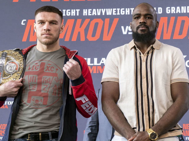 Los Angeles, CA - April 11: Bellator Light Heavyweight Champion Vadim Nemkov and opponent Corey Anderson during a press conference for Bellator 277 at the Grammy Museum at LA Live in Los Angeles, Monday April 11, 2022.