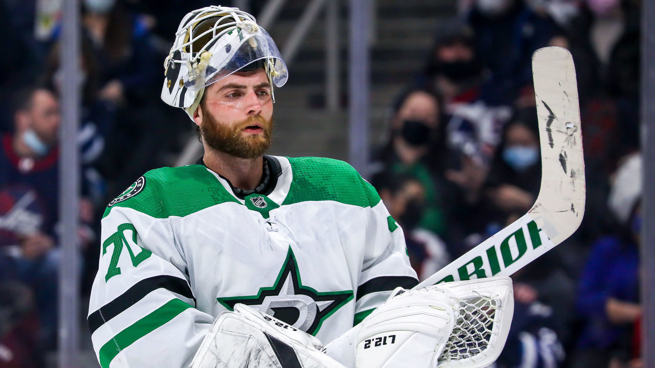 WINNIPEG, MB - MARCH 04: Goaltender Braden Holtby #70 of the Dallas Stars looks on during a second period stoppage of play against the Winnipeg Jets at Canada Life Centre on March 04, 2022 in Winnipeg, Manitoba, Canada.