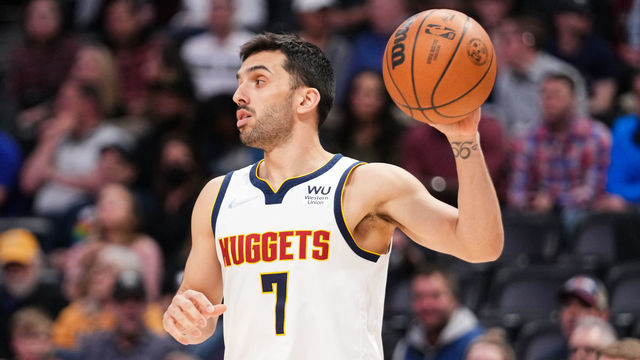 DENVER, CO - APRIL 07: Facundo Campazzo #7 of the Denver Nuggets catches an inbound pass against the Memphis Grizzlies at Ball Arena on April 7, 2022 in Denver, Colorado.