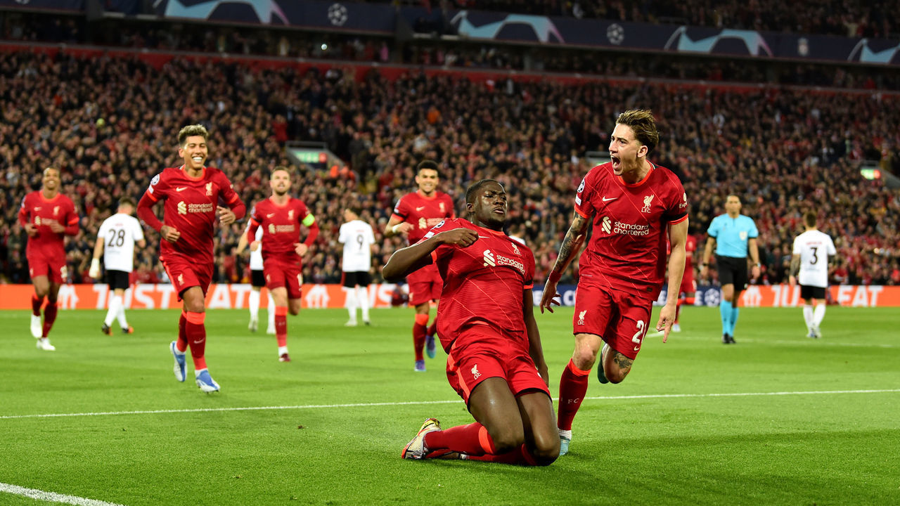 LIVERPOOL, ENGLAND - APRIL 13: (THE SUN OUT, THE SUN ON SUNDAY OUT) Ibrahima Konate of Liverpool celebrates after scoring the opening goal during the UEFA Champions League Quarter Final Leg Two match between Liverpool FC and SL Benfica at Anfield on April 13, 2022 in Liverpool, England.