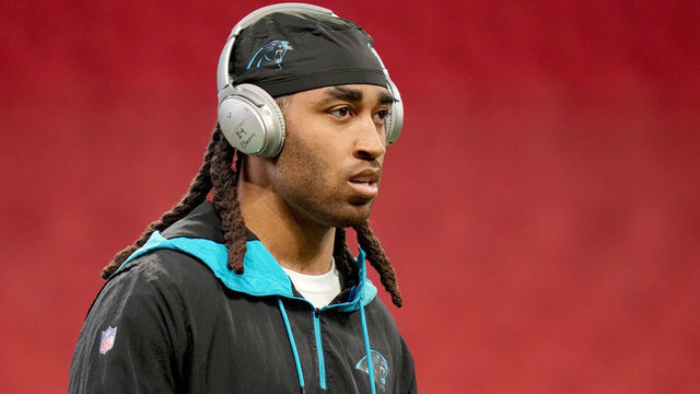 ATLANTA, GEORGIA - OCTOBER 31: Stephon Gilmore #9 of the Carolina Panthers looks on before the game against the Atlanta Falcons at Mercedes-Benz Stadium on October 31, 2021 in Atlanta, Georgia.