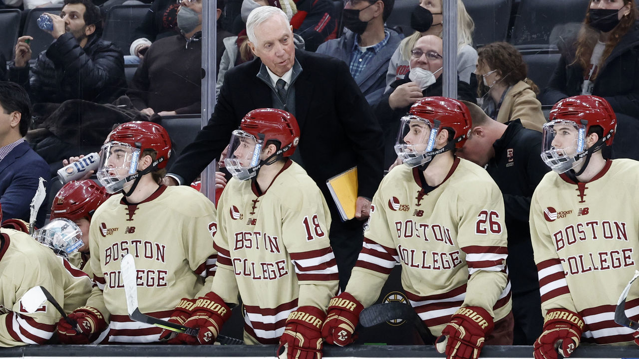 BOSTON, MA - FEBRUARY 07: Boston College Eagles head coach Jerry York during a Beanpot semi-final between the Boston College Eagles and the Northeastern University Huskies on February 7, 2022, at TD Garden in Boston, Massachusetts.