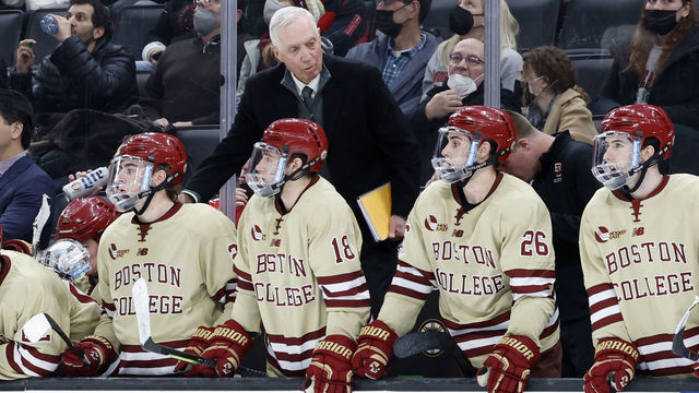 BOSTON, MA - FEBRUARY 07: Boston College Eagles head coach Jerry York during a Beanpot semi-final between the Boston College Eagles and the Northeastern University Huskies on February 7, 2022, at TD Garden in Boston, Massachusetts.