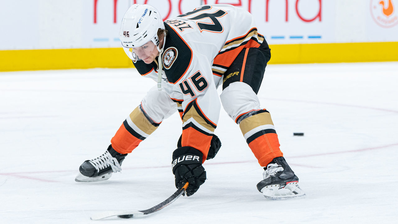 TORONTO, ON - JANUARY 26: Anaheim Ducks Center Trevor Zegras (46) attempts to lift the puck before the NHL regular season game between the Anaheim Ducks and the Toronto Maple Leafs on January 26, 2022, at Scotiabank Arena in Toronto, ON, Canada.
