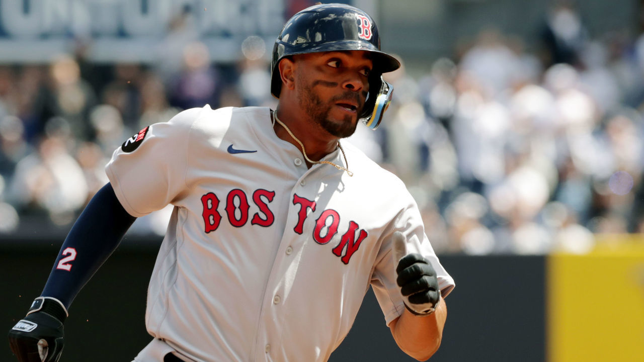 NEW YORK, NY - APRIL 08: Xander Bogaerts #2 of the Boston Red Sox rounds third base to score a run in the first inning during the game between the Boston Red Sox and the New York Yankees at Yankee Stadium on Friday, April 8, 2022 in New York, New York.