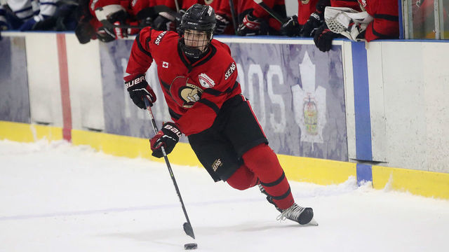 TORONTO, ON- MARCH 25 - Michael Misa skates up the wing. Michael Misa and William Moore of the Mississauga Senators U16 AAA team are both up for exceptional status for the OHL. They are playing versus the Toronto Marlboros at the Caplan Ice Sports in Toronto. March 25, 2022. (Steve Russell/Toronto Star via Getty Images)