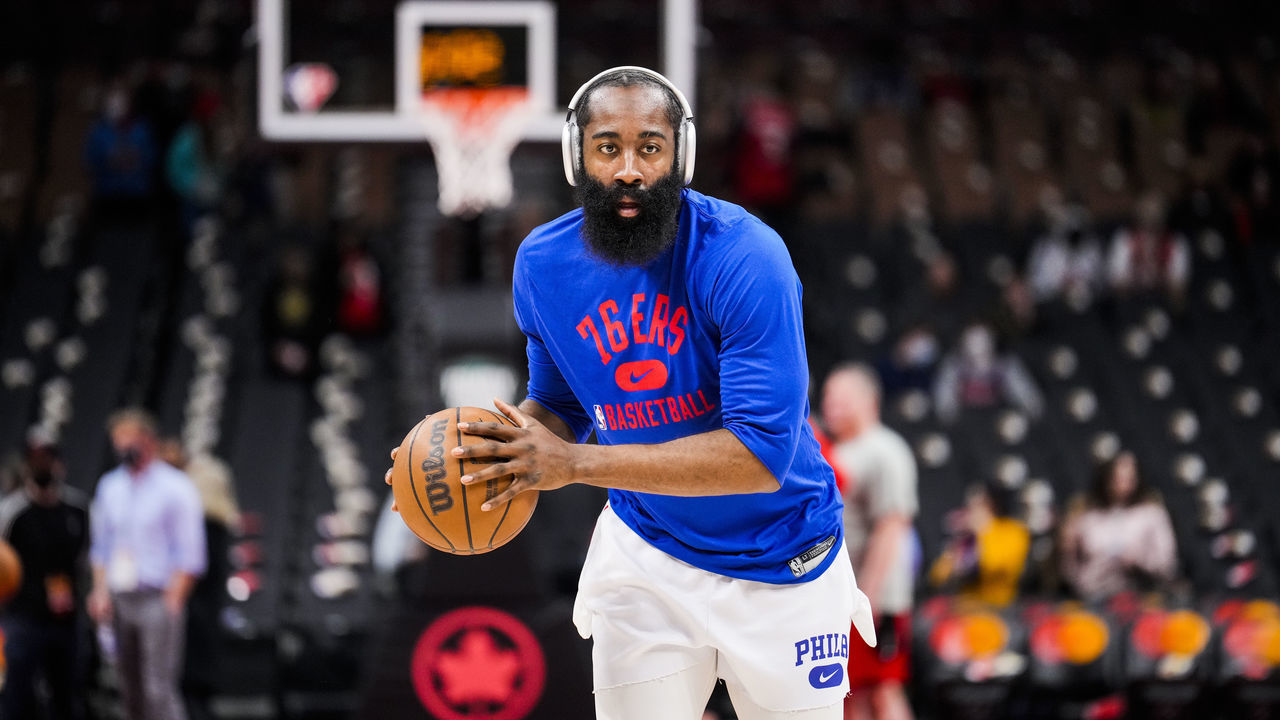 TORONTO, ON - APRIL 7: James Harden #1 of the Philadelphia 76ers takes part in warm up before playing the Toronto Raptors during the first half of their basketball game at the Scotiabank Arena on April 7, 2022 in Toronto, Ontario, Canada. NOTE TO USER: User expressly acknowledges and agrees that, by downloading and/or using this Photograph, user is consenting to the terms and conditions of the Getty Images License Agreement.
