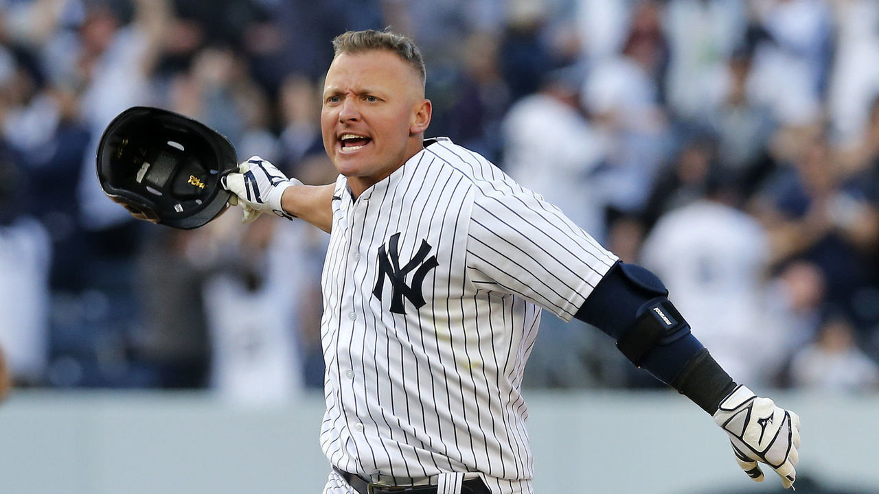 NEW YORK, NEW YORK - APRIL 08: (NEW YORK DAILIES OUT) Josh Donaldson #28 of the New York Yankees celebrates his eleventh inning game winning base hit against the Boston Red Sox at Yankee Stadium on April 08, 2022 in New York City. The Yankees defeated the Red Sox 6-5 in eleven innings.