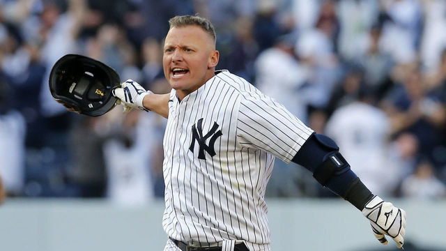 NEW YORK, NEW YORK - APRIL 08: (NEW YORK DAILIES OUT) Josh Donaldson #28 of the New York Yankees celebrates his eleventh inning game winning base hit against the Boston Red Sox at Yankee Stadium on April 08, 2022 in New York City. The Yankees defeated the Red Sox 6-5 in eleven innings.